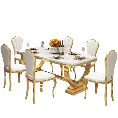 China Luxury foldable luxury marble wedding party tables hotel stainless steel gold dining table set for sale