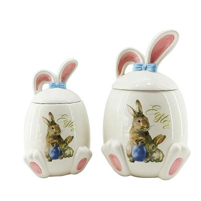 China Easter Stocked Bunny Shape Ceramic Cookie Jar Bunny Decal Kitchen Canister Sets for Easter Party for sale