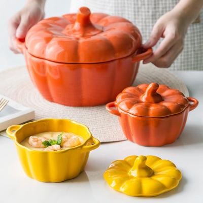 China Sustainable Ceramic Pumpkin Shaped Deep Terrine Bowl With Double Ears And Lid for sale