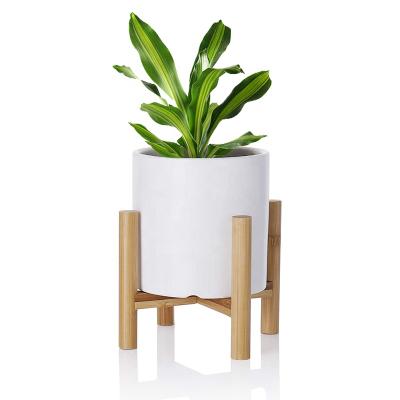 China Modern White Ceramic Cylindrical Flower Pot With Wooden Stand for sale