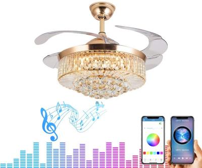 China Modern luxury crystal led invisible smart chandelier ceiling fan light with bluetrooth dimmer switch and speaker remote controller for sale