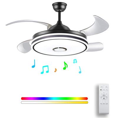 China Modern AC 220V 220V 240V Bladeless Retractable Smart Ceiling Fan DC 220V Led Light With Remote And Speaker Switch for sale