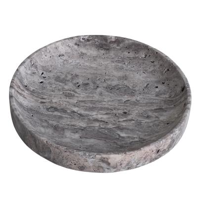 China 100% Pure Natural Stone Stonekocc Nordic Wabi-sabi Natural Silver Limestone Cave Stone Grey Travertine Tray Round Marble Stone Pallet Catchall Storage for sale