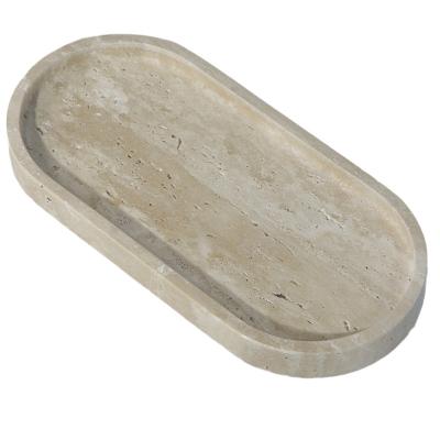 China Sustainable stonekocc Brand 25x12x2cm Travertine Stone Carving Oval Sundries Tray Small Natural Marble Tray Ornaments Catchall Storage for sale