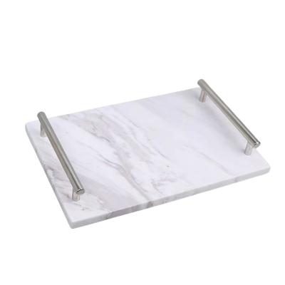 China Sustainable stonekocc Amazon Quality Nordic Greece Natural Marble Rectangular Washstand Storage Tray Luxury Silver Handle Sense Cake Tr for sale