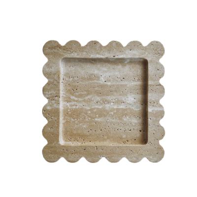 China 100% Pure Natural Stone stonekocc Natural Travertine Scalloped Square Curved Edge Decorative Jewelry Fruit Serving Sundries Storage Tray Ornament Plate for sale