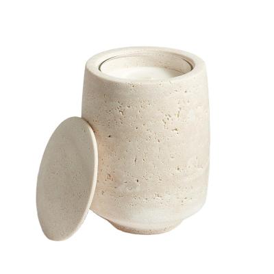 China Luxury Elegant Modern stonekocc Travertine Marble Big Candle Cup With Lid Stone Jar holder and Transparent Glass Cup Home Decor Christmas ornaments for sale