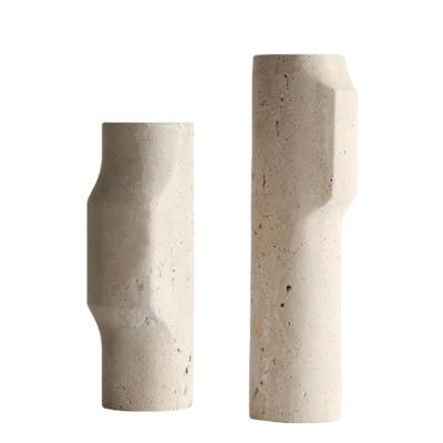 China Modern stonekocc 1 Set of 2 pcs Wabi-sabi Travertine Flower Vessel Natural Marble Stone Vase Ornaments Home Dry Flower Retro Geometry for sale