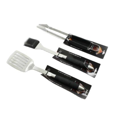 China TPR Handle Stainless Steel BBQ Tool Kit 3pcs High End Easily Cleaned Spatula Tweezers Brush for sale