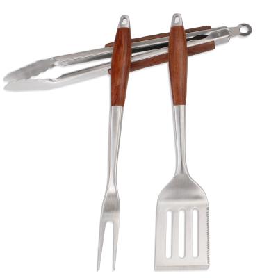 China Easily cleaned barbecue tool3PCS with luxury rosewood handle, stainless steel grill tools grill accessories for sale