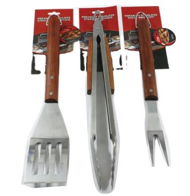 China Easily Cleaned BBQ Tools 3pcs Portable Rosewood Handle Stainless Steel BBQ Kit Set for sale