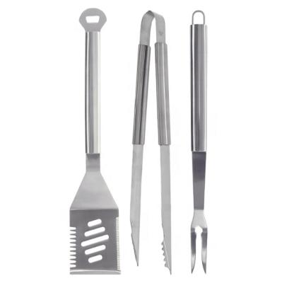 China Easily cleaned 3 pieces of full stainless steel BBQ tool 2Cr13 fork and spatula tongs set with tube handle and bottle opener for sale