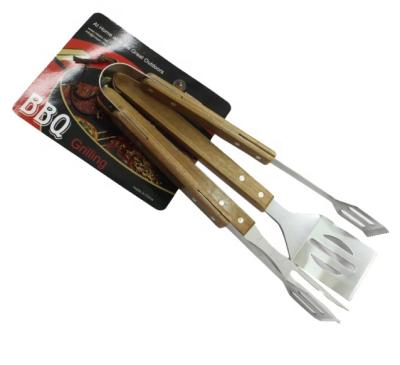 China Easily Cleaned Heavy Duty Stainless Steel Grilling Tools 3pcs BBQ Set With Acacia Wood Handle for sale