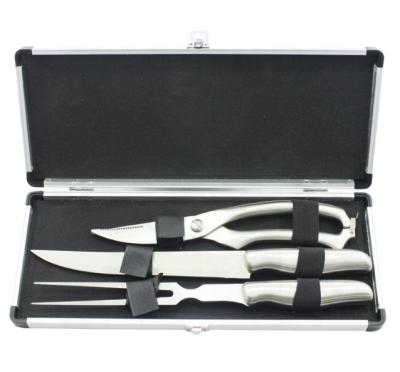 China Easily cleaned 3 piece set of stainless steel fork and knife and scissors GRILL utensil set with aluminum case for sale