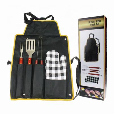 China Heat Resistance Hardwood Handle Stainless Steel Apron 5pcs BBQ Set Spatula Tongs Fork Cotton Oven Mitt And Nylon Apron for sale