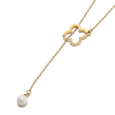 China Cute New Style Hollow Out Four Leaf Clover With Zircon Pendant Gold Plated Pearl Jewelry Necklace for sale