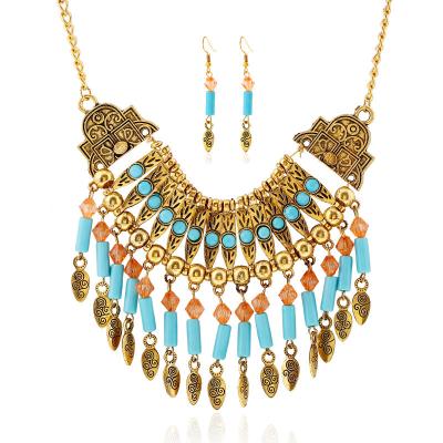 China TRENDY Bib Festival Statement Coin Ethnic Gypsy Necklace And Earrings Set For Women Boho Jewelry for sale