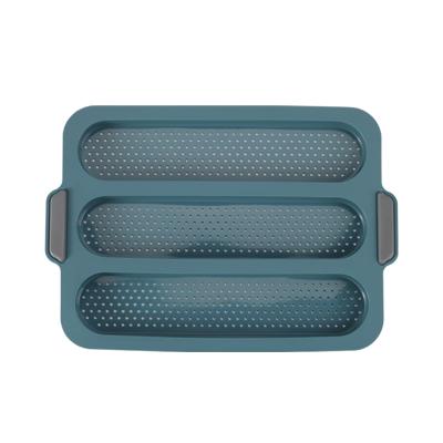 China Viable Silicone 3 Gutters Perforated Cake Mold Non Stick Baguette Mold French Bread Loaf Baking Tray for sale