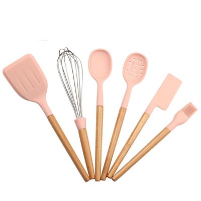 China Viable Best Selling 6pcs Silicone Kitchen Tool Utensil Set Baking Set with Wooden Handle for sale