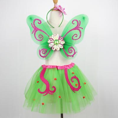 China Performance Clothing Little Girls Butterfly Wings Magic Wand Halloween Tutu Skirt 3 Pcs Green Set 2-4T for sale