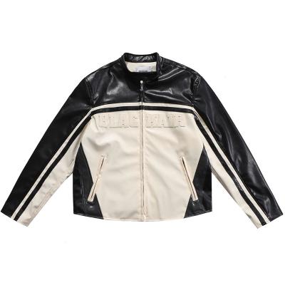 China Raincoat Accept Custom Packing Leather Jacket Contrast Zipper Stand Collar Biker Jacket Letter PU Leather Quilting Coat for sale