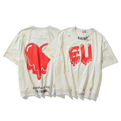 China Retro graffiti 100% hand painted cotton anti-shrink luxury custom t-shirt old plus size red heart short sleeve t-shirt for sale