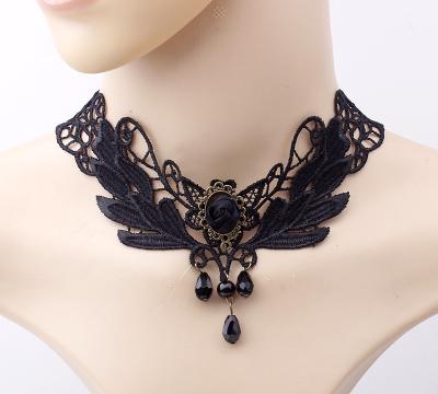 China Other Nice Women's Style Fabric Collar Fake Statement Necklace Rose Flower Beads Pendant Choker Lace Necklace Black Gothic Jewelry for sale