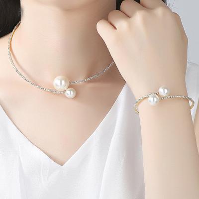 China Other Fashion Women Simple Simulated Crystal Wedding Necklace +Bracelet Bridal Pearl Jewelry Sets for sale