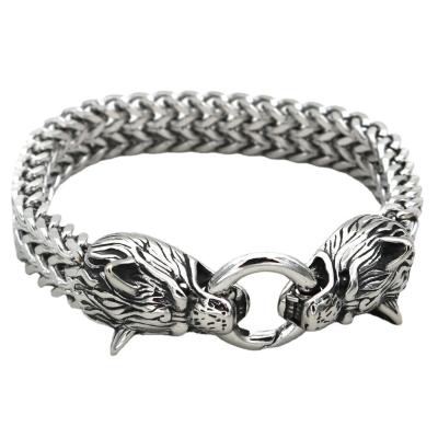 China The Other Silver Color Wolf Head Bracelet For Men Stainless Steel Cuban Chain for sale