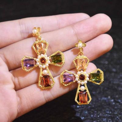 China Other Cross Zircon Stud Earrings For Women Vintage Pearl Earring Fashion Jewelry Big High Quality for sale