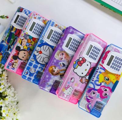 China Colorful calculator kids pencil case with calculator sharperners for sale