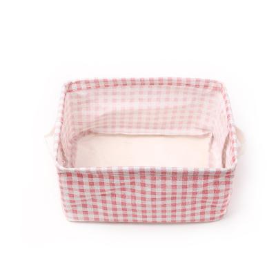 China Simple Office Girl Plaid Cotton Canvas Cloth Art Storage Basket Cosmetics Sundries Storage Basket Cute Pink Cotton and Canvas Viable for sale