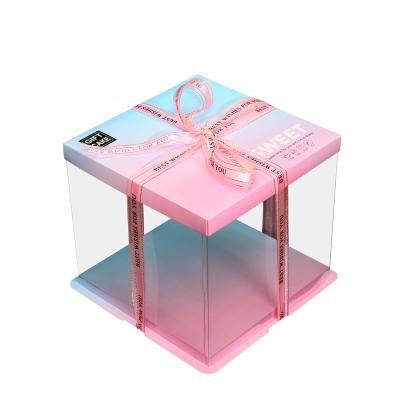 China Recycled Materials Gradient Color Cake Box Transparent 3 Square In 1 6 8 10 12 Inch Baking Birthday Gift Packaging Box for sale