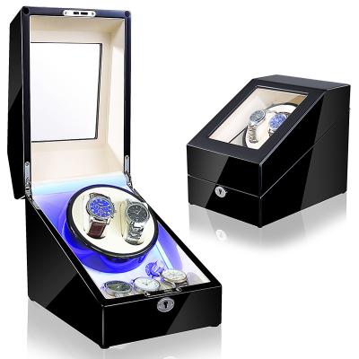 China Luxury Watch Winder With 2 Seats 3 Spinning For Storage Black Piano Lacquer Finish 1 Watch Storage 3 White Leather Inner Watch Winder Automatic Box for sale