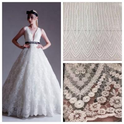 China High Quality White Bag Trimming 3D Dress Fabric Flower With Beads Embroidery Handmade Lace Fabric For Wedding Dress for sale