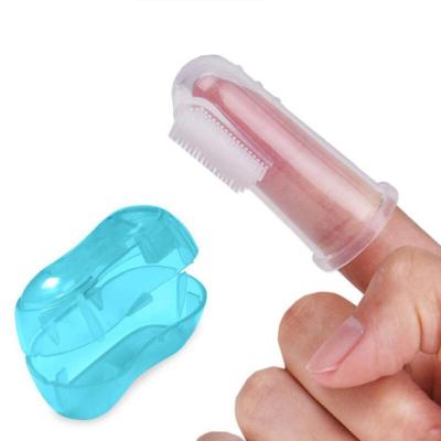 China Recyclable Box Kids Teeth Massage Clear Soft Silicone Cleaning Brush Infant Rubber Massager Set Cute Baby Finger Toothbrush for sale