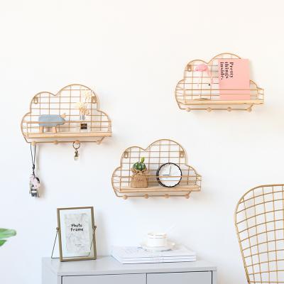 China Nordic Minimalist Iron Workable Art Grid Cloud Wood Wall Mounted Home Organizer Shelf Decoration Hook Storage Rack for sale