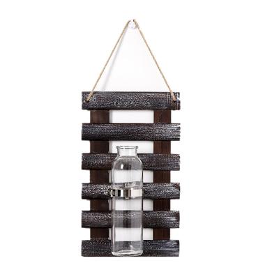 China Vintage Retro Rustic Balcony Decor Plant Pot Wall Flower Glass Hanging Vase Home Wooden Hydroponic Rack Container for sale