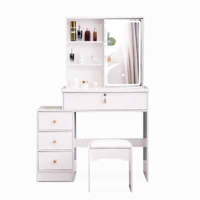 China Expandable Easy to Assemble Simple Modern White Bedroom Dresser with Three Soft Drawer Wrap Stools and LED Lights for sale