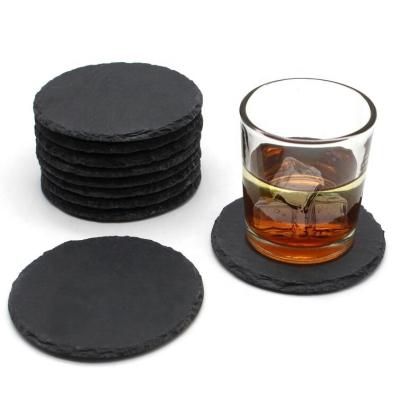 China New 2022 Sustainable Chinese Style 6 Piece Round Slate Drink Coaster Set Black Slate Rock Coaster With Scratch Resistant Bottom And Coaster for sale