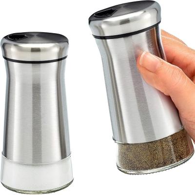 China Sustainable CR 2022 Stainless Steel and Glass Salt and Pepper Shakers Set Spice Dispenser with Adjustable Pour Holes for sale