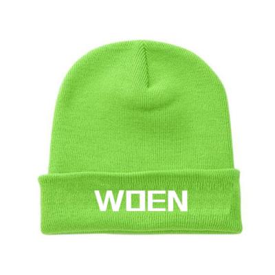 China COMMON Girl Winter Hat Embroidered Neon Green Cuff Cotton Beanies Hat for sale