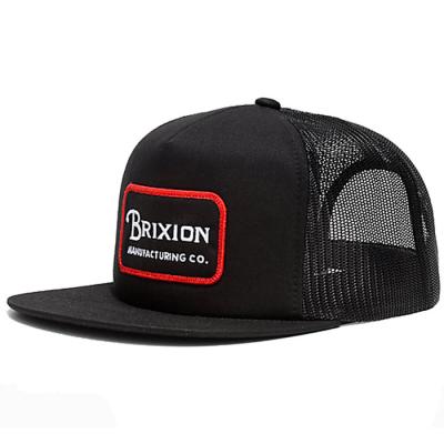 China JOINT Woven Patch Black Mesh Flat Brim 5 Panel Snapback Trucker Hat Custom Headwear for sale