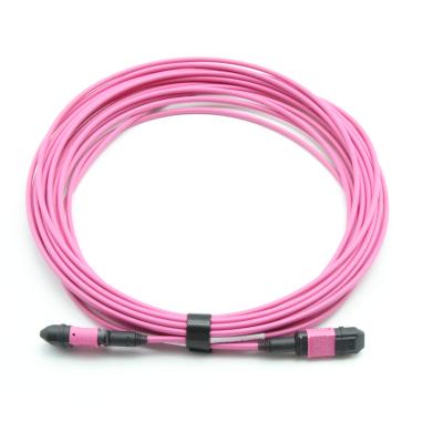 China New data center customization logo 12 core OM4 female fiber MPO trunk cable stretching optical patch cord for sale