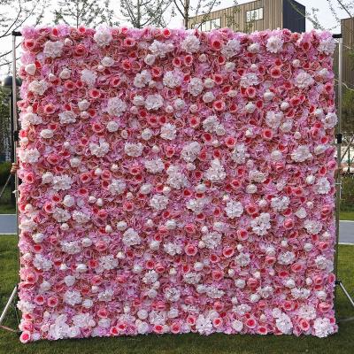 China Beautiful Colorful Pink White Roll UP Flower Wall Plant Wall Hanging Artificial Rose Morning 3D Flower Wall Backdrop Wedding Decoration Red for sale