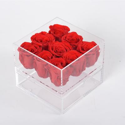 China 2021 Factory Wholesale Celebration Decoration Flowers 9 Preserved Roses Heads In Acrylic Box For Wedding for sale