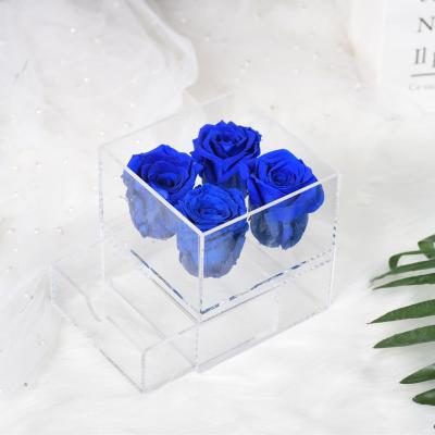 China Hot Sale Party Decoration Wedding Valentines Decoration Flowers 4 Heads Preserved Roses In Acrylic Boxes for sale