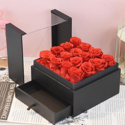 China Wholesale Natural Touch Handmade Eternal Dry Flower In Box Long Life Preserved Rose Head In Acrylic Box for sale