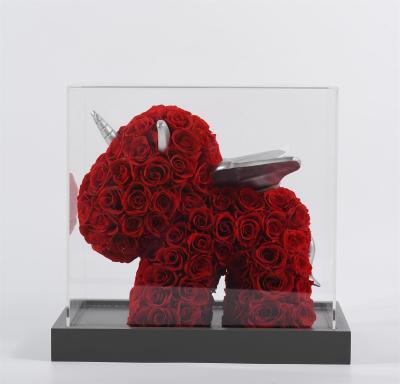 China Luxury Unicorn Shaped Rose Bear Preserved Flower Decor Hot Sale Events Decoration Luxury Roses in Acrylic Gift Box for sale