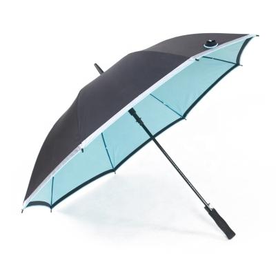 China Traditional Chinese Good Quality Wholesale Auto Open Sun Anti UV Block Custom Light Blue Logo Reflective Edge Golf Umbrella Travel Gift for sale